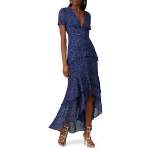 Hutch Tate Maxi Ruffle V Neck Gown Dress Navy Blue Gold Dot Women's Size 6